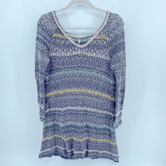 Free People Life's a Beach loose open knit striped scoop neck tunic sweater sz S - Picture 1 of 8
